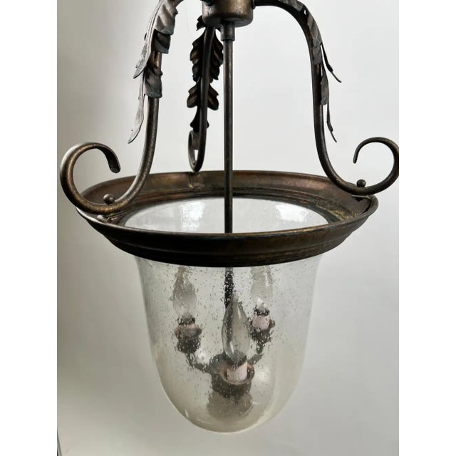 1960s French Regency Style Bell Jar Pendant With Seeded Glass and Acanthus Leaf Bronze For Sale - Image 5 of 13