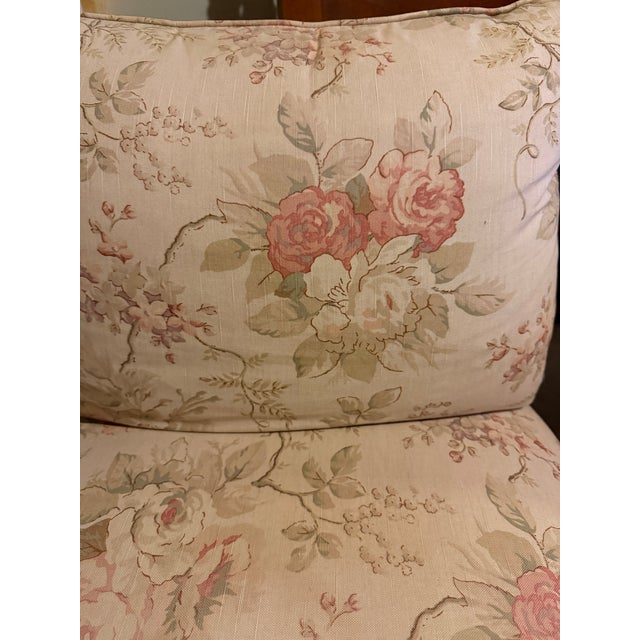 Late 20th Century Pair of Vintage Floral Slipper Chairs With Turned Legs & Brass Casters For Sale - Image 5 of 17