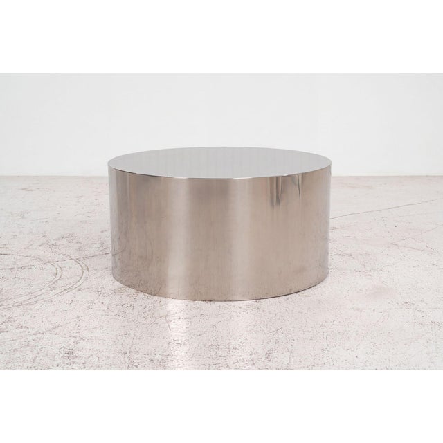 Custom Polished Metal Drum Coffee Table in the Style of Brueton, 1980 Polished metal, adjustable glides Custom-made drum-...
