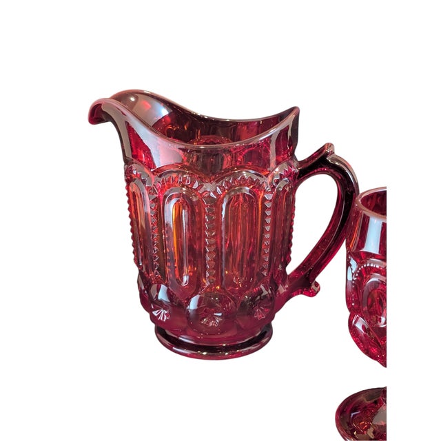 Mid 20th Century Mid 20th Century Mid Century Modern l.e. Smith Ruby Red Glass Pitcher & Cup Goblet Set Moon and Stars Pattern - Set of 9 For Sale - Image 5 of 10
