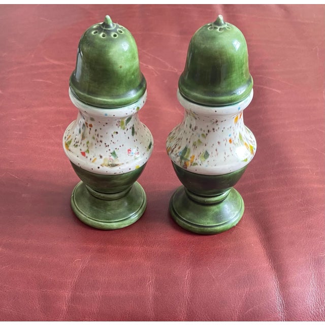 Vintage Green Multicolored Glaze Ceramic Salt & Pepper Shakers- a Pair For Sale - Image 10 of 10