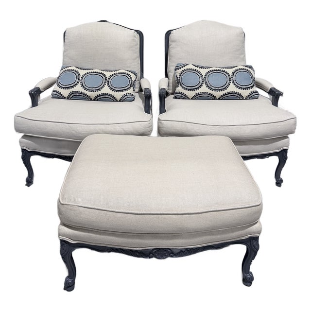 Custom French Bergère Lounge Chairs With Ottoman For Sale