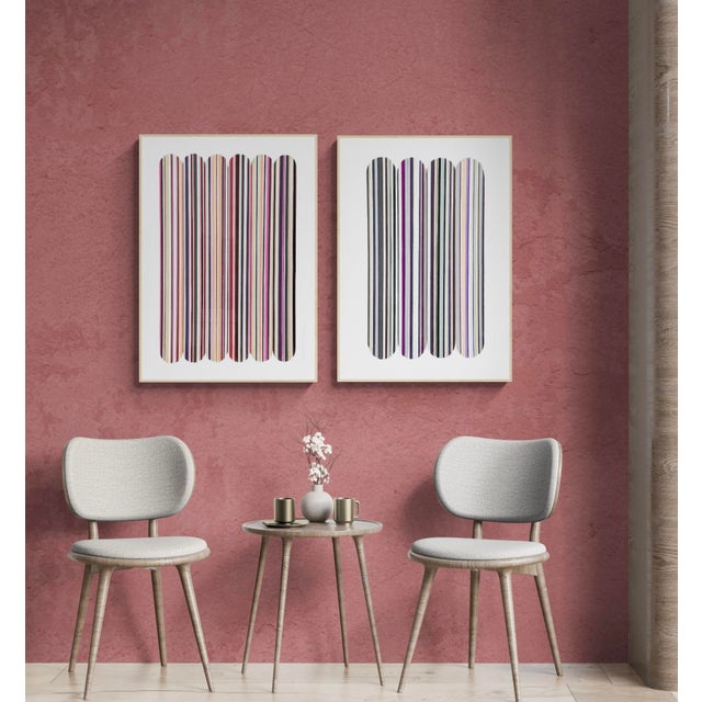 This original drawing by Sarah Vaaler features vertical stripes and scalloped ends in peach, pink, gray and beige. A bold...