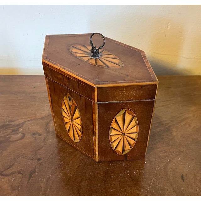 Early 19th Century Antique Early 19th Century English George III Hexagonal Mahogany Tea Caddy of Elegant Proportion With Paterae Fan Inlay For Sale - Image 5 of 18