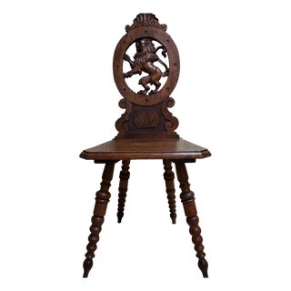 19th Century Swiss Black Forest Hand Carved Oak Side Chair with Standing Lion For Sale