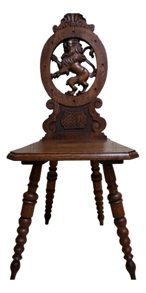 19th Century Swiss Black Forest Hand Carved Oak Side Chair with Standing Lion