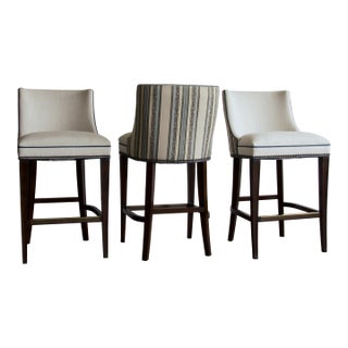 Two-Tone Linen and Stripe Bar Stools With Brass Footrails by Wesley Hall, Set of 3 For Sale