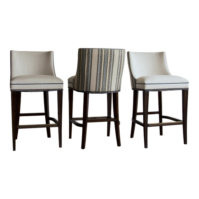 Two-Tone Linen and Stripe Bar Stools With Brass Footrails by Wesley Hall, Set of 3 For Sale