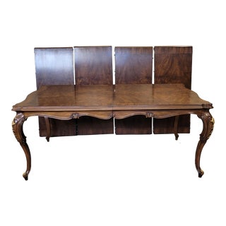Vintage Karges French Louis XV Burl Walnut Dining Room Table With Four Leaves and Pads For Sale
