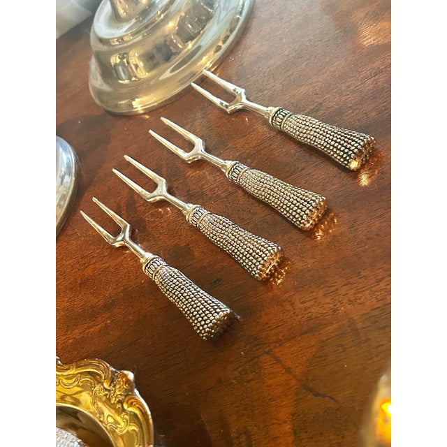Vintage Silea French Style Silver Plate Tassel Charcuterie & Cocktail Forks – Set of 4 For Sale - Image 4 of 8