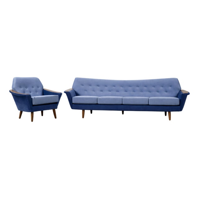 Mid-Century Scandinavian Modern Blue Velvet Living Room Set from Holm Fabriker AB, 1960s, Set of 2 For Sale