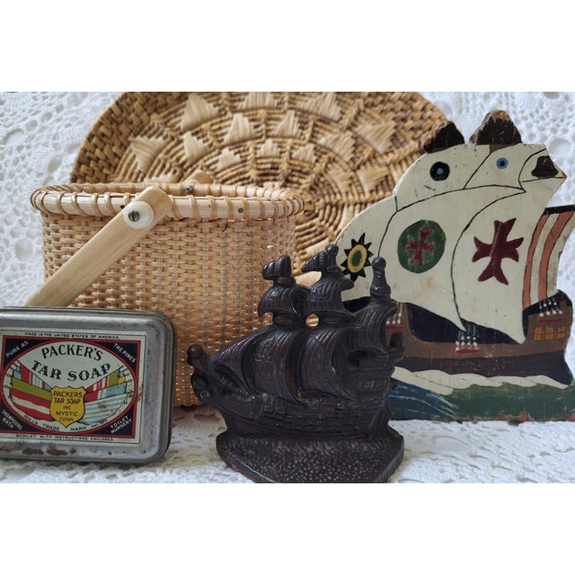 Early 1900s Hand Painted Wooden and Metal Ship Bookend For Sale - Image 9 of 9