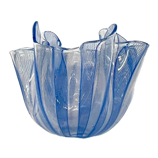 Vintage Venini blue and white Murano glass handkerchief vase. Marked "Venini, Murano, Italia" on the underside.