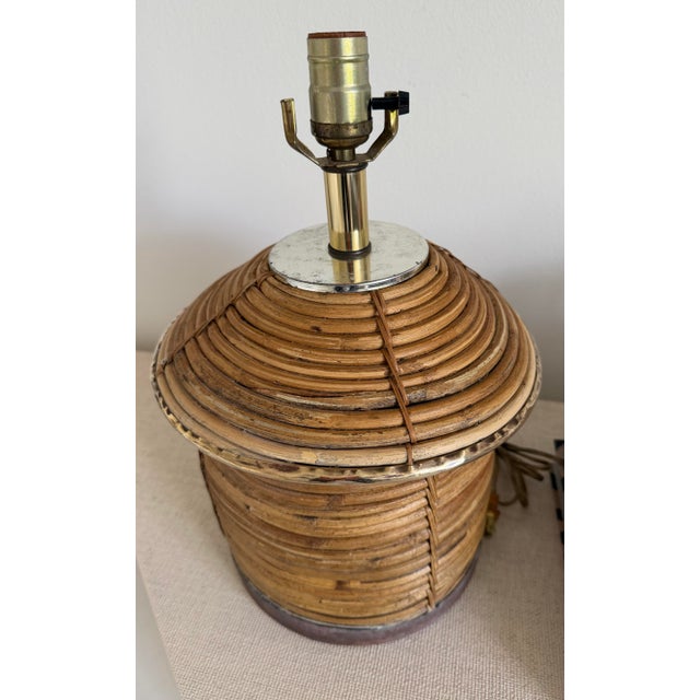 Vintage Pencil Reed Rattan Lamp With Brass Accents For Sale - Image 9 of 9