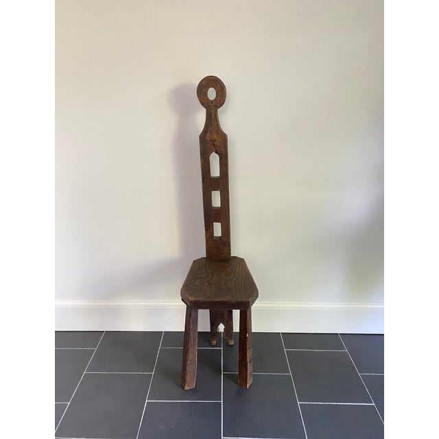 Brown Early 20th Century Vintage Primitive Three Legged Carved Wood Chair For Sale - Image 8 of 8