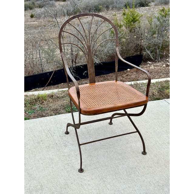 Vintage Drexel Heritage Bronze Wrought Iron, Wood, Woven Cane Set of Four Arm Chairs For Sale - Image 12 of 14