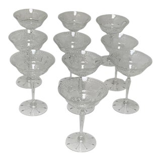 Vintage Crystal Champagne Coupe Tall Sherbet Elaborate Cut & Laurel Decoration - Set of 10 For Sale