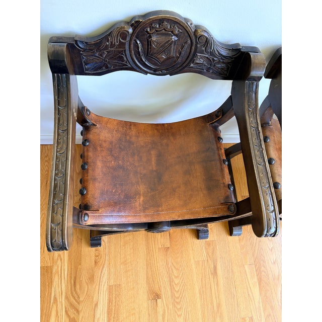 1950s Vintage Savonarola Chairs – Carved Wood & Leather Sling Seats (Pair) For Sale - Image 5 of 5