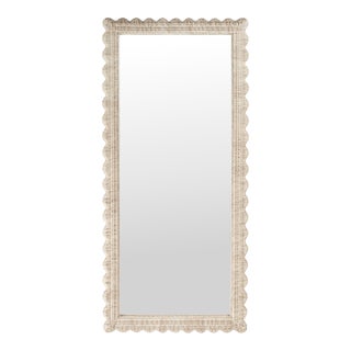 Flora 32 in. W x 69.5 in. H Rectangular Scalloped Rattan Floor Mirror, Off-White For Sale