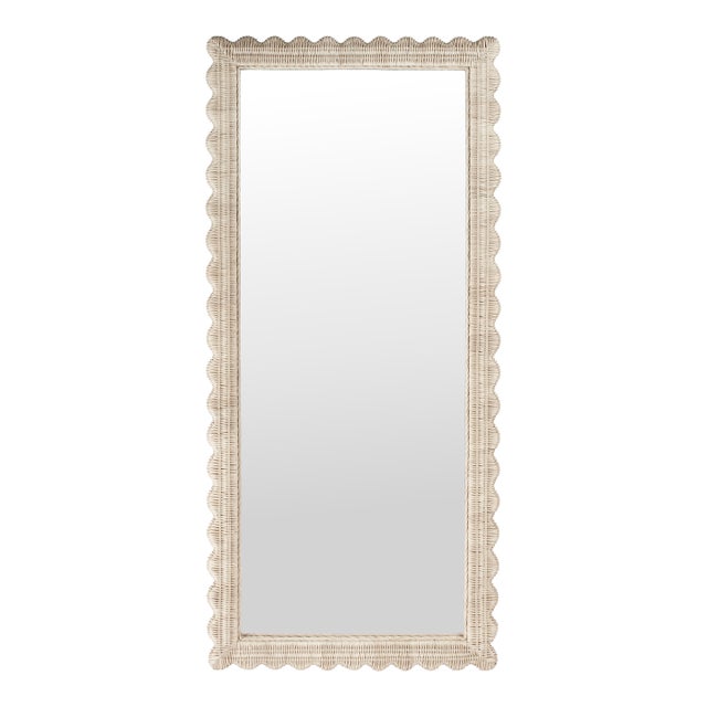 Flora 32 in. W x 69.5 in. H Rectangular Scalloped Rattan Floor Mirror, Off-White For Sale