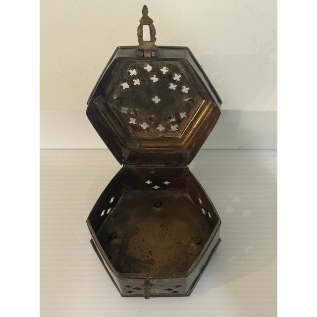 Vintage Hand-Hammered Brass Hexagonal Incense Censer Box For Sale - Image 11 of 12