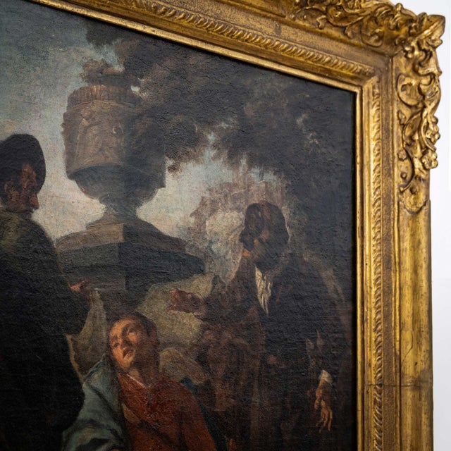 Gold Egidio Dall'oglio, Boy with Lute and Two Fighting Men, 1800s, Oil on Canvas For Sale - Image 8 of 15