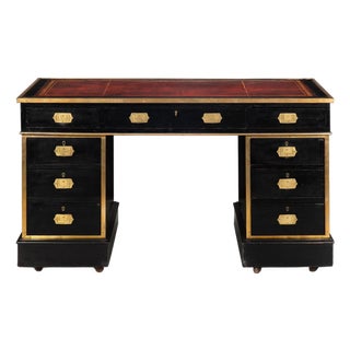 English Antique Campaign Ebonized Pedestal Desk, 19th Century For Sale