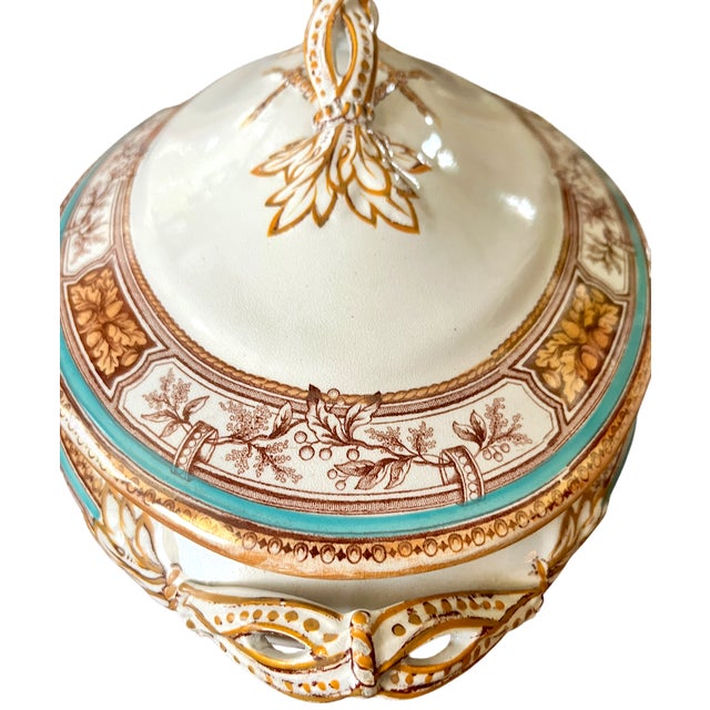 Turquoise 19th Century Edge, Malkin & Co. Staffordishire Hand Painted Turquoise and Brown Porcelain Tureens With Gold Gilding - a Pair For Sale - Image 8 of 14