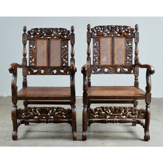 Set of Charles II Hand Carved Walnut Armchairs, 1900 For Sale - Image 9 of 13