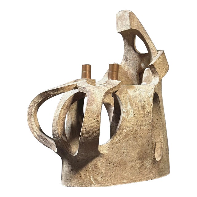 Vintage Slab Built Modernist Stoneware Candelabra Sculpture, Signed/Art Nouveau/Gaudi For Sale