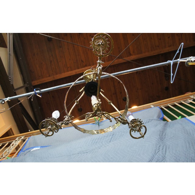 Brass Antique Victorian Converted 4 Light Hurricane Candlestick Pendant Chandelier 36" For Sale - Image 8 of 16