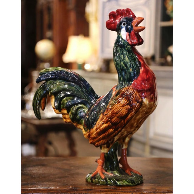 Large French Barbotine Majolica Rooster Sculpture From Normandy For Sale - Image 11 of 11