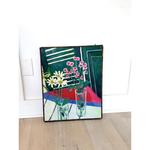 Unique vintage floral still life painting by Robert Wood, featuring a bold color palette and expressive style. The playful...