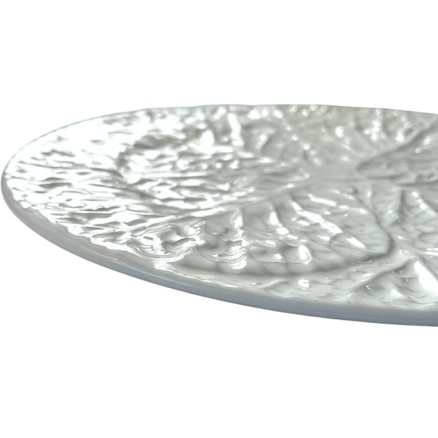 Shabby Chic Vintage Portuguese Majolica White Cabbageware Platter –Ceramic Leaf Design For Sale - Image 3 of 6