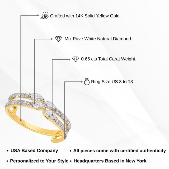 Marquise and Round Diamond Crisscross Double Band in 14k Yellow Gold Size 4 For Sale - Image 12 of 16