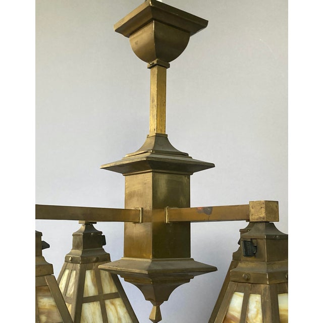 Antique Arts & Crafts Mission 4-Light Brass Chandelier With Colorful "Slag Glass" Shades For Sale - Image 4 of 9