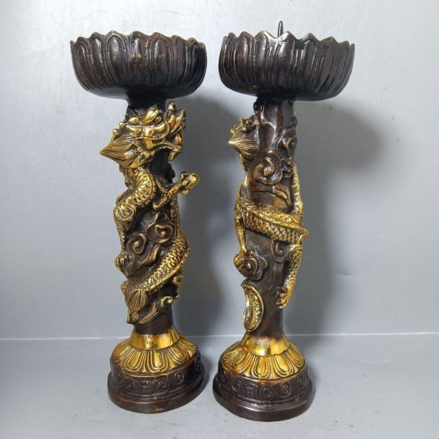 1990s Pair of Gilt Bronze Dragon Candlesticks, Lotus Top Candle Holders, Chinoiserie Altar Decor For Sale - Image 5 of 9