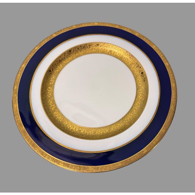 Set of 8 Vintage Crescent England Cobalt Blue & Gold Decorated 10" Dinner Plates For Sale - Image 6 of 6