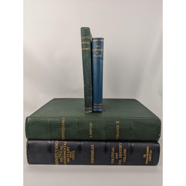 Late 19th Century Antique Plato Phaedo 1875 & Republic 1907 Blue Green Gold Gilt Books - Pair For Sale - Image 5 of 18
