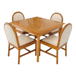 Leather Basket Weave Wicker Style Square Dining Room Table 4 Chairs Glass Top - 5 Pieces