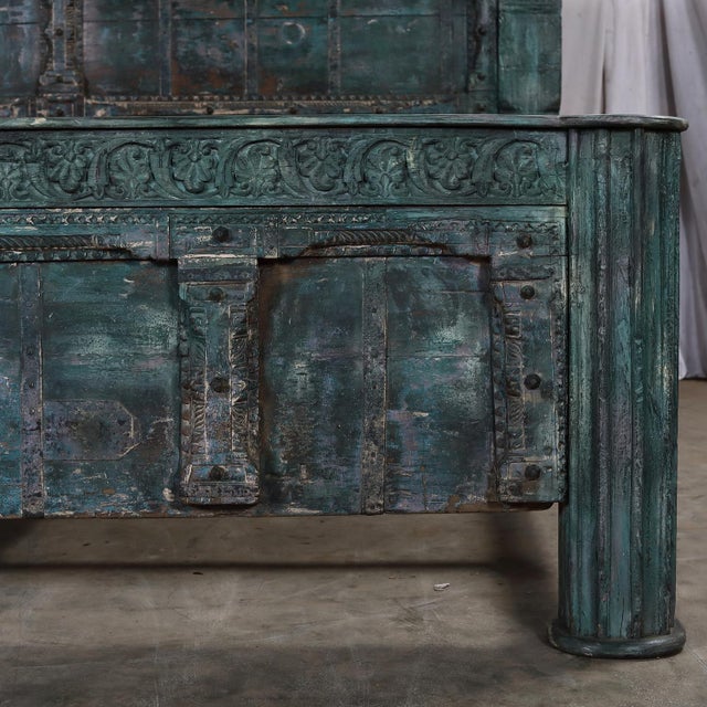 Complete King Size Bed Constructed From an Antique Painted Teakwood Gujarati Door and Pillars For Sale - Image 4 of 10