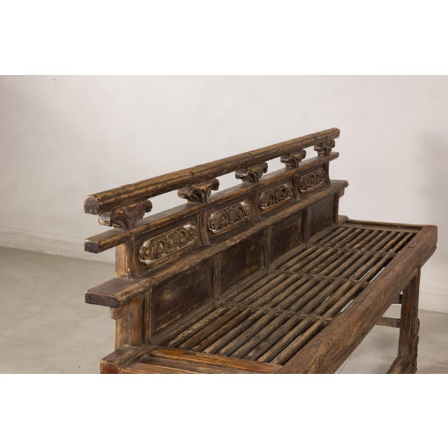 Antique Chinese Rustic Wood Bench with Carved Openwork Back For Sale - Image 14 of 14