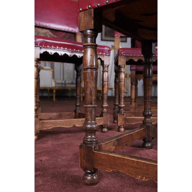 Beautiful set made of solid oak decorated with turning. The set was made in the 19th century. The upholstery (leatherette)...