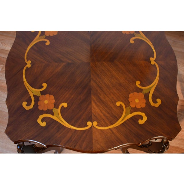 1930s French Walnut & Satinwood Inlay Pair of Side Tables / End Tables For Sale - Image 6 of 11