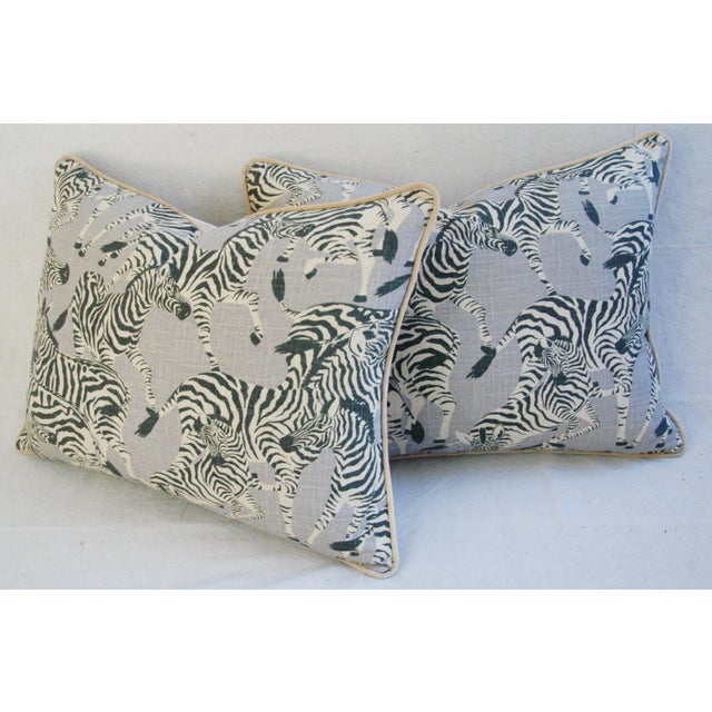 Linen Safari Zebra Linen and Velvet Feather/Down Pillows 24" X 18" - Pair For Sale - Image 8 of 9