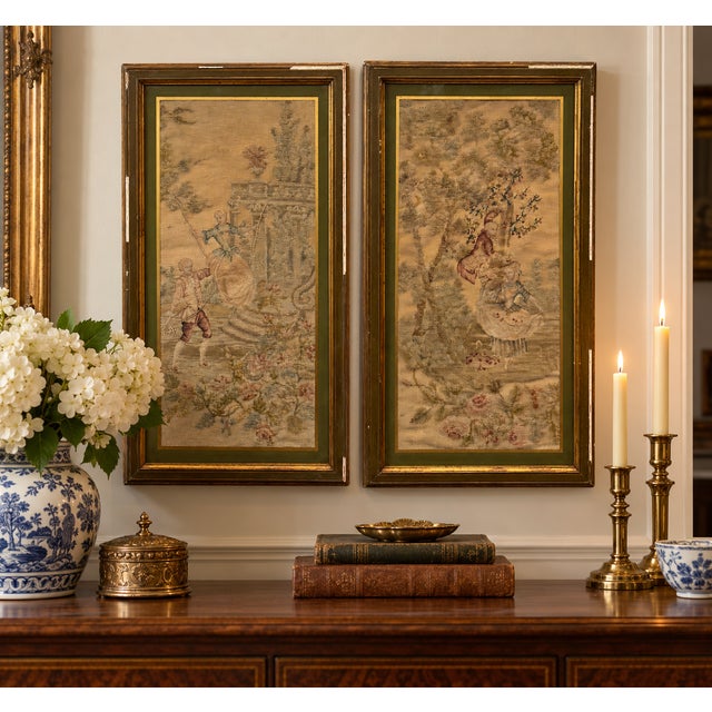 charming matched pair of 19th-century hand-worked needlepoint and petit point panels depicting romantic pastoral garden...