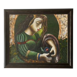 20th Century Oil on Canvas Framed Signed by American Artist Titled Mother Mary With Sacred Heart of Jesus