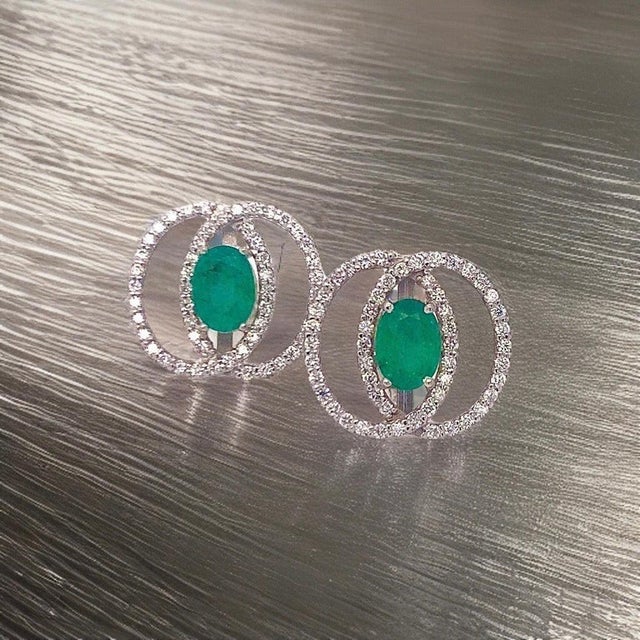 Traditional Diamond Emerald Earrings 14k White Gold 2.16 TCW Certified For Sale - Image 3 of 15