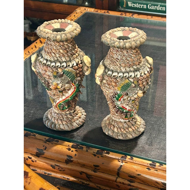 Hollywood Regency Mid-Century Shell Encrusted Coastal Vases With Sea Dragon Motif – Pair For Sale - Image 3 of 10
