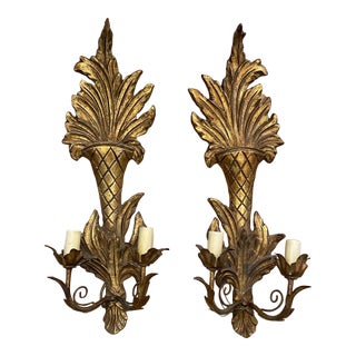 1960s French Carved Giltwood Two-Light Wall Sconces - a Pair For Sale